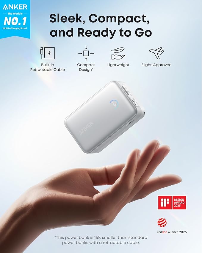 Anker Nano Power Bank, 10,000mAh Portable Charger with 2.3 ft InstaCord Retractable Cable, 45W Max Compact Battery Pack, Smart Display, for iPhone 16/17 Series, iPad, Galaxy, Pixel, and More