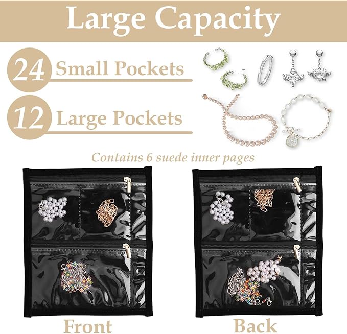 Travel Jewelry Case Organizer for Women, Jewelry Binder with 6 Clear Zipper Pouches