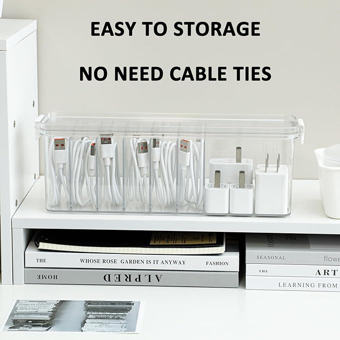 Yesesion 2 Pack Cord Organizer Box with Lid, Clear Desk Drawer Accessories Storage Case for Home Office Supplies, Art Crafts, Phone Charger, USB Cables, Marker Pen, Pencil Holder