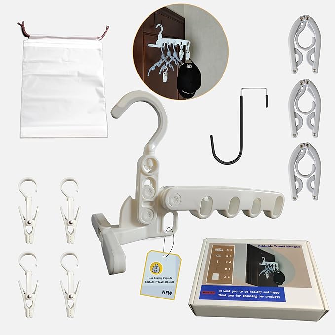 Over The Door Hooks Hanger,Foldable Portable Folding Hangers,Hanging Rack,Clips,Essentials for Cruise,Vacation,Camping,RV,Road Trip,Hotel,Business Travel, Student Apartment(White Box)