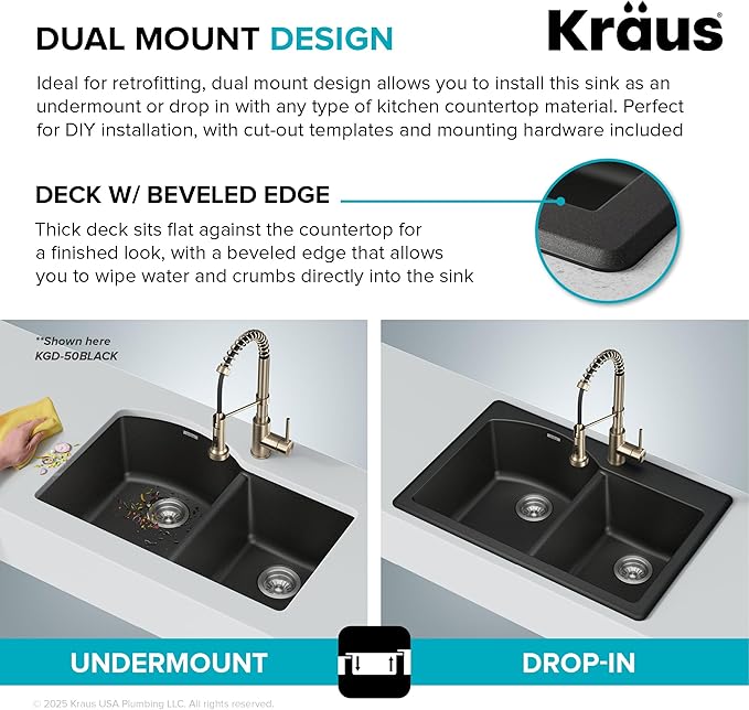 KRAUS Forteza 33-inch Granite Drop In/Undermount 60/40 Double Bowl White Kitchen Sink, KGD-50WHITE