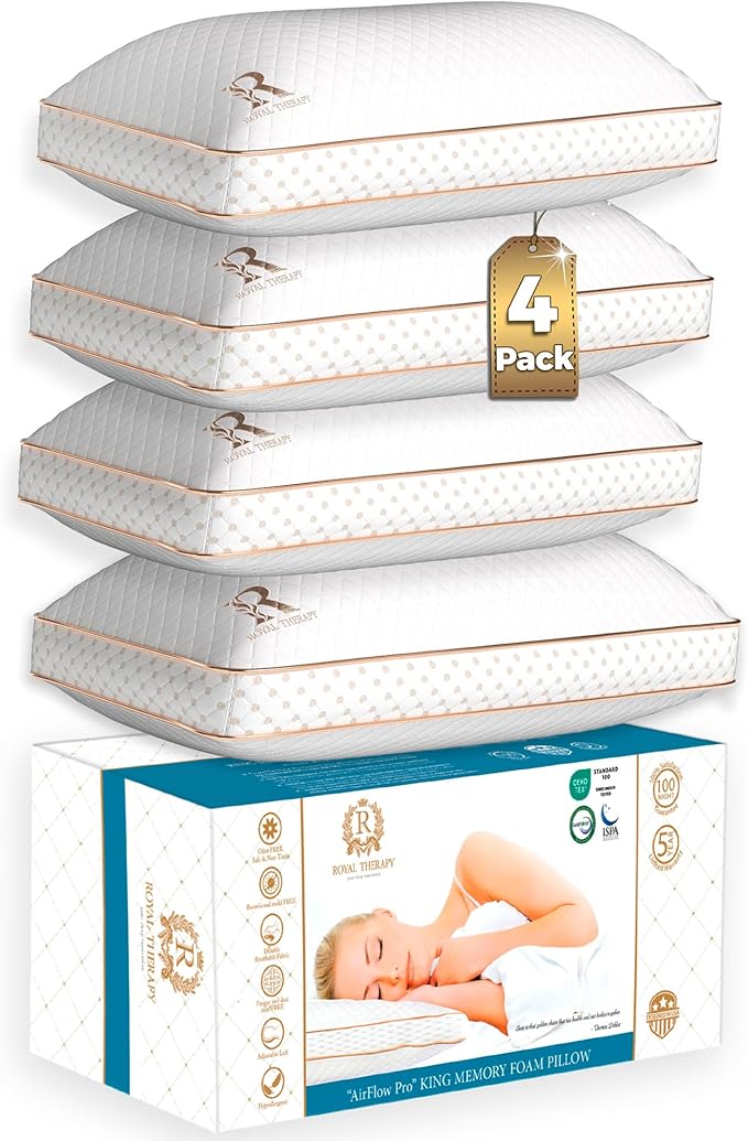 Royal Therapy King Memory Foam Pillows 4-Pack - Shredded Memory Foam Pillow for All Sleep Positions - Medium Firm Pillow Adjustable Loft, Bamboo Rayon Pillowcase, CertiPUR-US, Oeko-TEX Certified