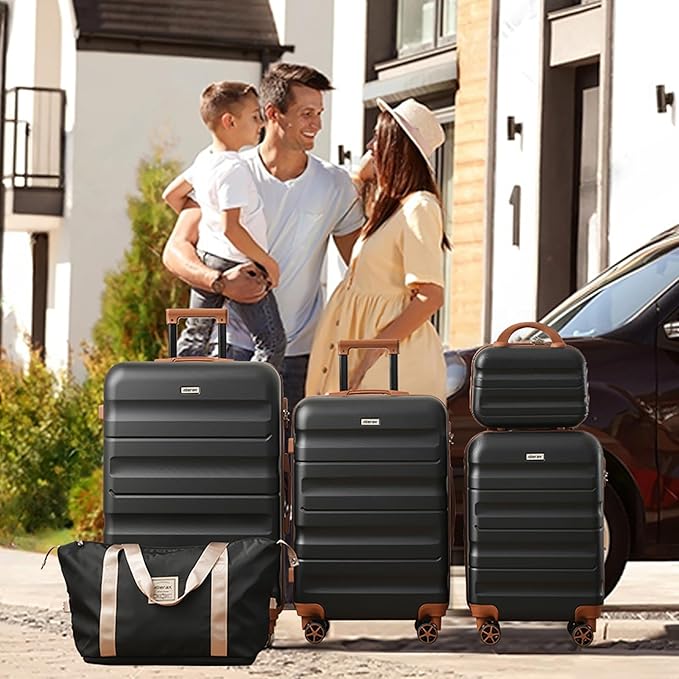 Merax Luggage Set 13 Piece, Hardshell ABS Suitcases with 8 Silent Spinner Wheels, Durable and Lightweight Travel Luggage for Family Trips, Black Brown