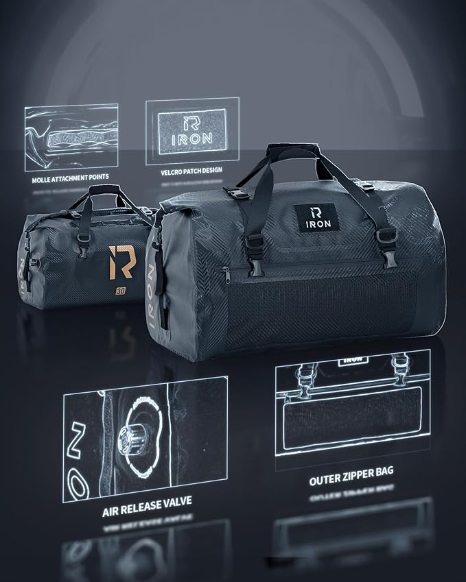 IRON JIA'S Motorcycle Dry Bag - Waterproof Duffle & Luggage Tail Bag Saddle Bags with Roll Top Closure, Shoulder Straps, Inner Pocket and Mesh Pocket (Carbon Fiber, 30L)