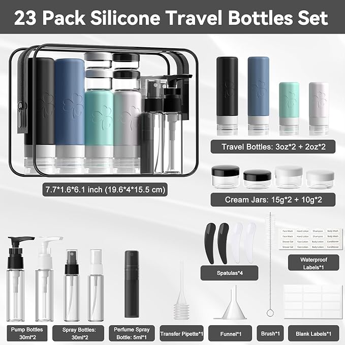 INSFIT Travel Bottles for Toiletries 23pack, TSA Approved Travel Size Toiletries, Airplane Essentials for Creams, Shampoo, Cosmetic Liquids