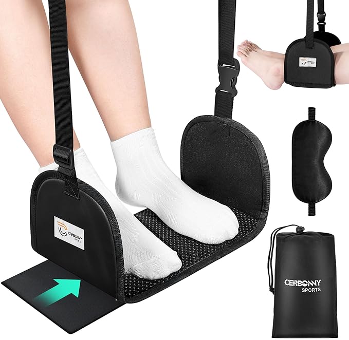 CERBONNY Airplane Foot Rest - Portable and Adjustable Foot Hammock, Travel Flight Essential for Relaxing Your Feet During Journeys (Non-Slip)