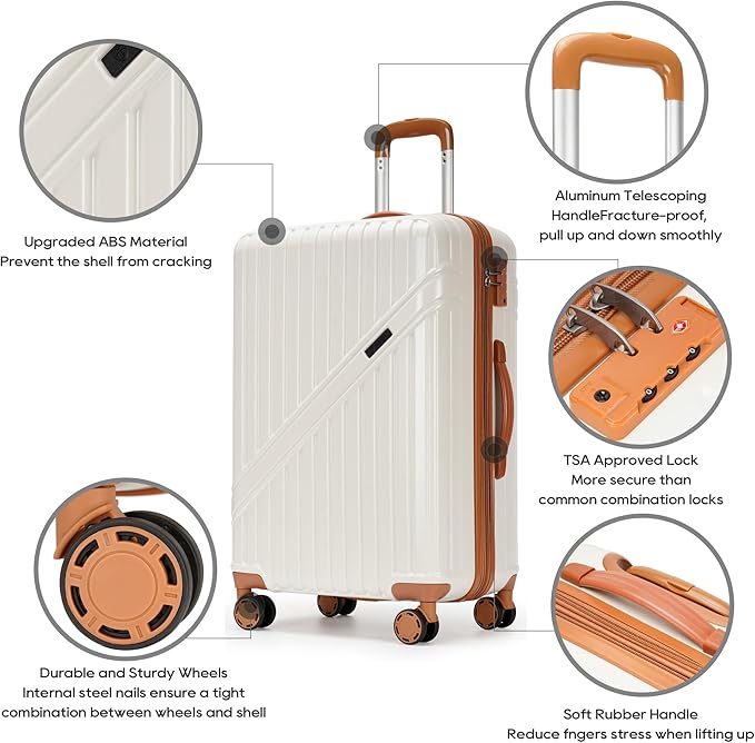 GinzaTravel Luggage Sets 3-Piece Expandable Suitcases with Wheels PC+ABS Durable Hardside Luggage sets TSA lock（White + Brown）