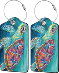 Sea Turtle Leather Luggage Tag with Stainless Steel Ring, Fun Name Id Card Cover Travel Bag Tag Set, Suitable for Travel Bag Luggage Women Men 2 PCS