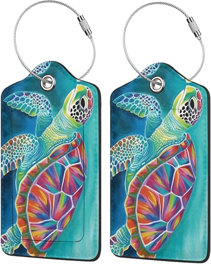 Sea Turtle Leather Luggage Tag with Stainless Steel Ring, Fun Name Id Card Cover Travel Bag Tag Set, Suitable for Travel Bag Luggage Women Men 1 PCS