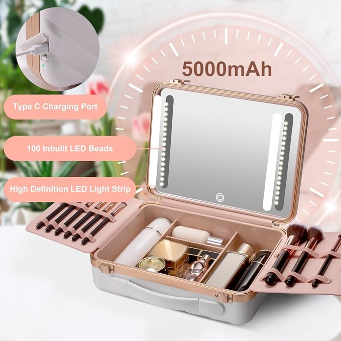 Mocado Travel Makeup Case with Lighted Mirror, 8 Makeup Brushes & 10x Magnifying Mirror, Cosmetic Case with Adjustable Brightness, White