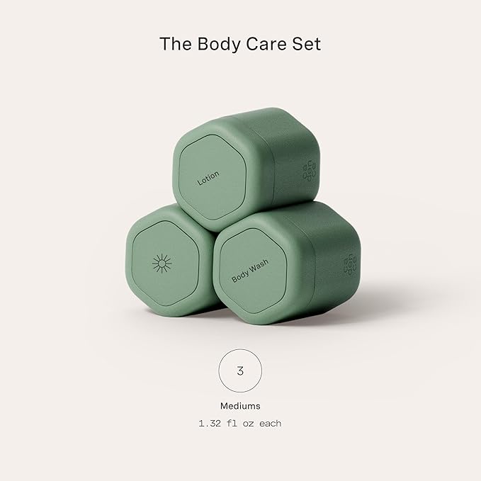 Cadence Travel Containers - Body Care Capsule Set - Magnetic Containers with Lids,Carry On Travel Essentials for Women/Men - 3 Flex Mediums (1.32oz) - Body Wash, Lotion & Sun Icon Labels - Eucalyptus