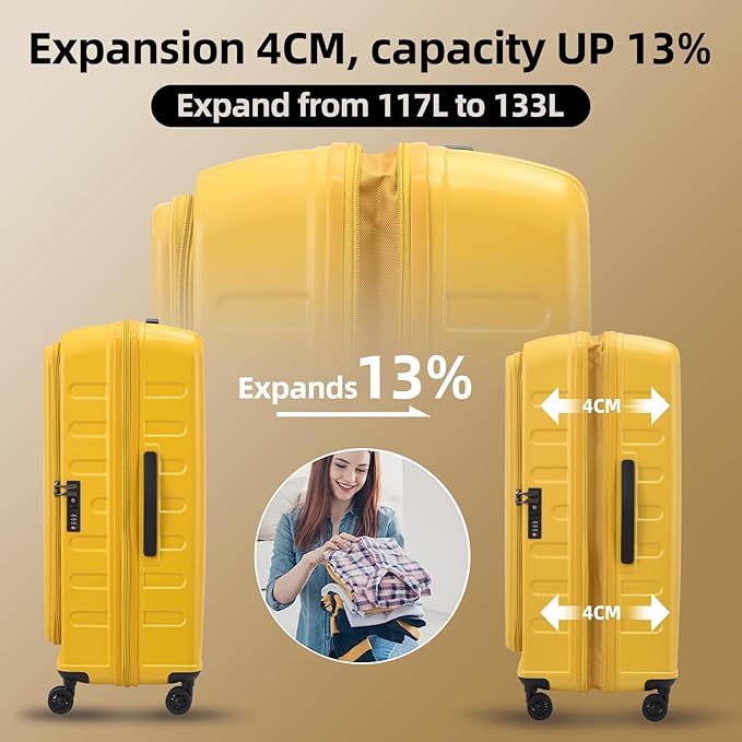 2 Pieces 19/29 Luggage Sets, 19 Inch Carry On Luggage with Front Pocket & 29 Inch Side Opening Suitcase, Ligthweight ABS+PC Hardshell, TSA Lock & YKK Zipper with HINOMOTO 360° Wheels, Yellow