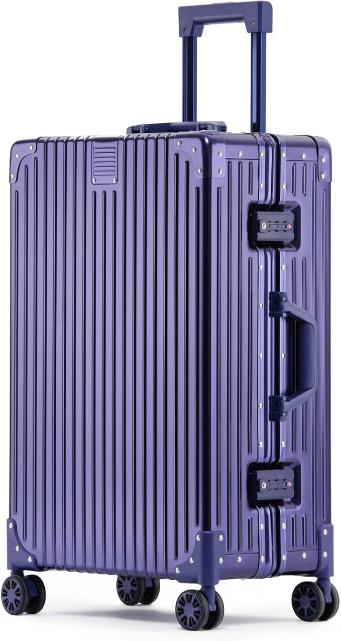 Metal All Aluminum Carry-on Luggage TSA Customs Lock Zipperless Silent Rotary Wheel Business Suitcase Aluminum Frame Set (blue, 26 '')