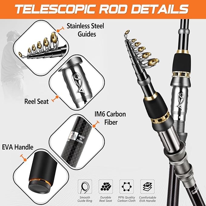 PLUSINNO Fishing Rod, Telescopic Fishing Rod and Reel Combo, Collapsible Travel Fishing Pole Rod Starter Kit, Carbon Fiber Fishing Rods and 12 +1 Bearings Stainless Steel, Fishing Gifts for Men Adults
