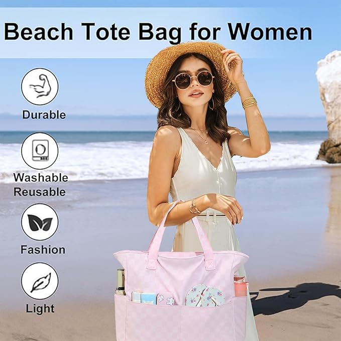 LEDAOU Beach Bag Waterproof Sandproof Women Tote Bag Pool Bag with Zipper for Gym Grocery Travel with Wet Pocket
