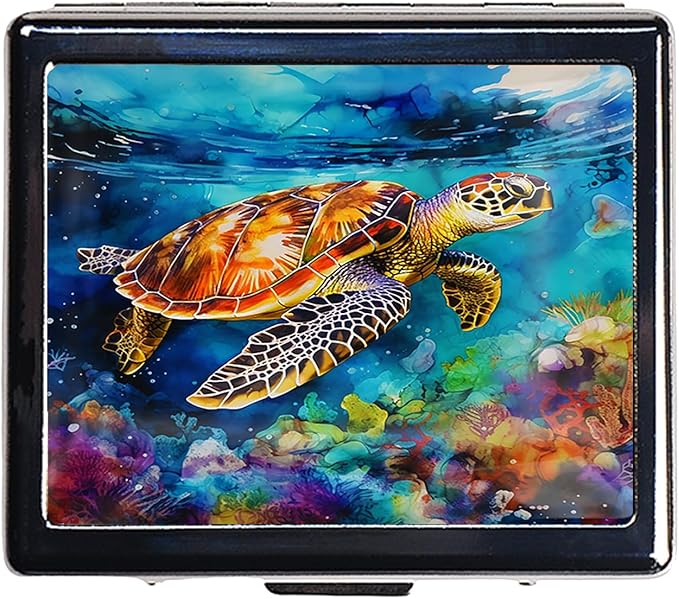 Silver Vintage Pill Box 7 Day Metal Pill Box with Mirror and 8 Compartments Cute Travel Pill Organizer for Purse (Sea Turtle)