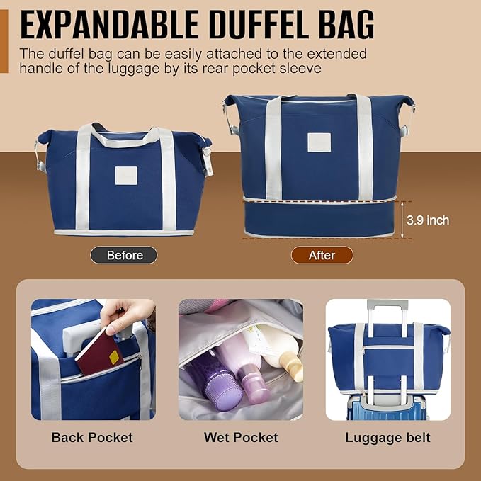 Romswi Suitcase Set with TSA Lock Cup Holder, Hardside Spinner Suitcase with Duffel Bag, Lightweight Durable PC+ABS Navy 5 PCS(20/24/28inch)