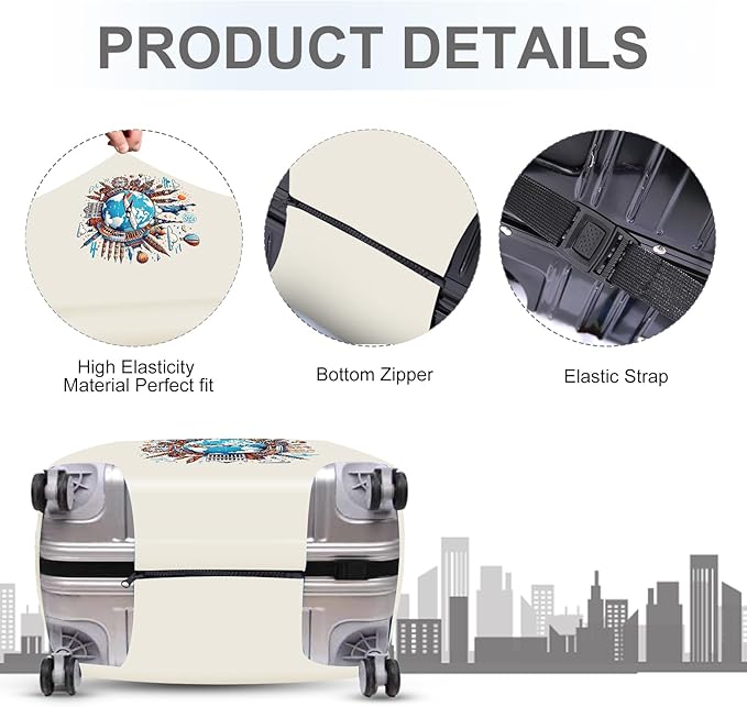 ANNA QUEEN Travel Around the World Luggage Cover, Colorful Landmark Suitcase Protector with Airplane & Globe Design, Stretchable, Washable Travel Sleeve for 32-34 Inch Luggage