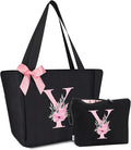 Vavabox Tote Bag, A-Z Initial Monogrammed Waterproof Tote Bag, Bridesmaid Gifts for Women, Black and Pink