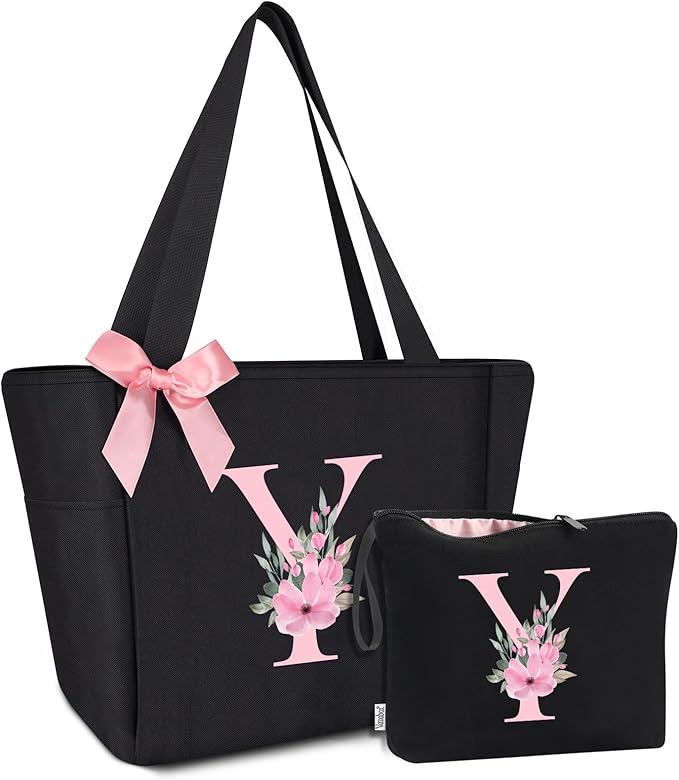 Vavabox Tote Bag, A-Z Initial Monogrammed Waterproof Tote Bag, Bridesmaid Gifts for Women, Black and Pink