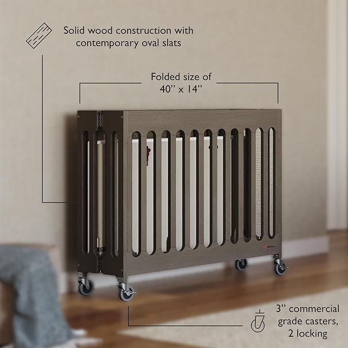 Foundations Boutique Folding Mini Baby Crib - Compact, Portable, Wooden Hotel Crib, Foldable Mini Crib for Baby & Toddlers - Includes 3" Foam Mattress, Dapper Gray