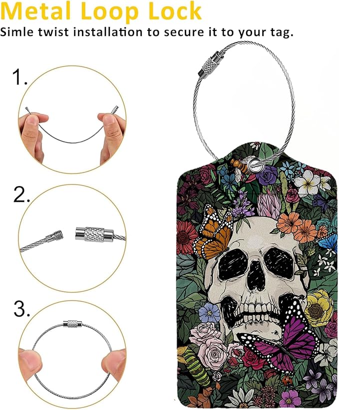Skull and Colorful Flower Luggage Tags for Suitcases,2 Pack Luggage Tag, Leather Stainless Steel Loop Label Tag for Women Girl Travel Bag Suitcase
