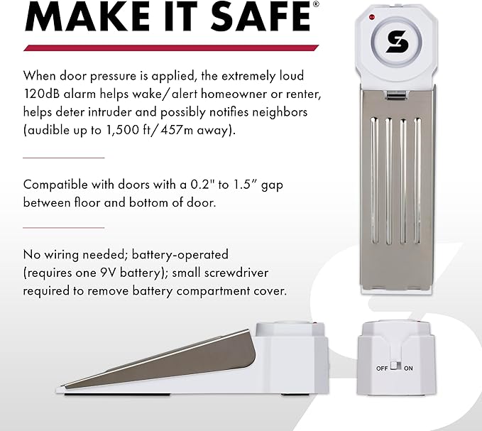 SABRE 120 dB Wedge Door Stop Security Alarm, Extremely Loud Wireless Alarm Siren Audible Up To 1,500 Ft., Non-Skid Pad, Compact Alarm Great for Home, Travel, Apartment or Dorm