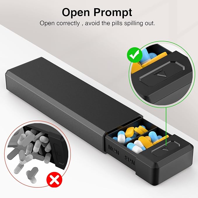 HEIYING Pill Organizer with Aluminum Shell for One Week Capacity, Portable 7 Compartments Pill Box Container to Hold Vitamin, Medicine, Supplements
