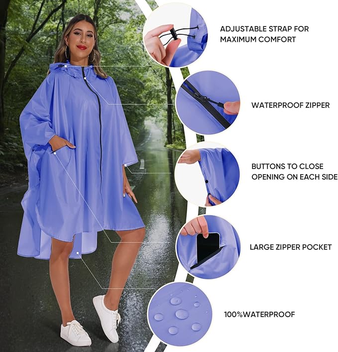 PTEROMY Hooded Rain Poncho for Adult with Pocket and Zipper, Waterproof Lightweight Raincoat for Men and Women