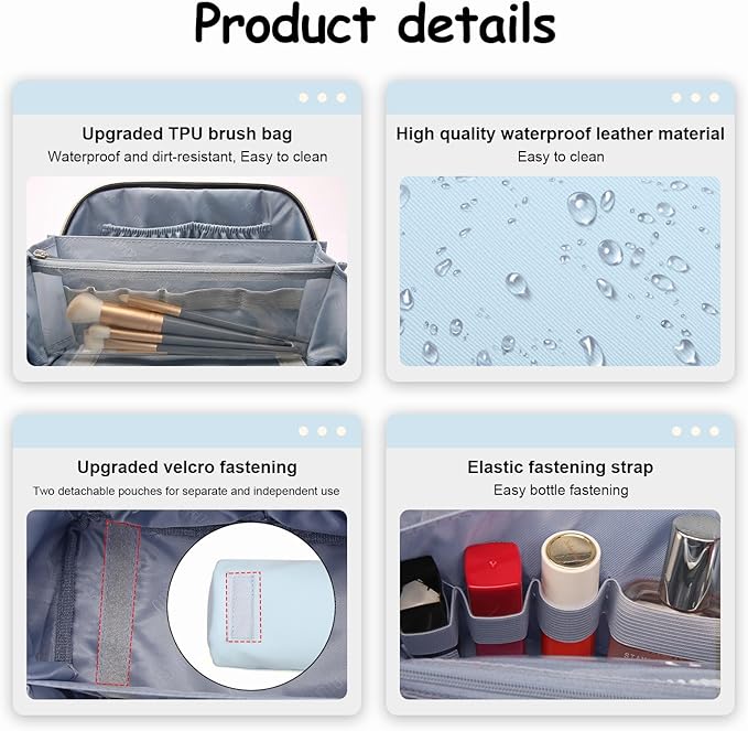 BOYATU Travel Makeup Bag Organizer Cosmetic Bag: 3 Pcs Set Make up Bags for Women with Handle - Waterproof Vegan Leather Toiletry Bags with Comparments (D-05-Blue)