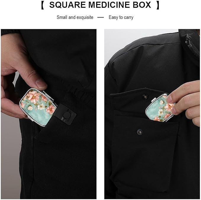 Metal 2 Compartment Pill Organizer Travel Friendly Portable Compact Pill Box Cute Pill Case,for Pocket Wallets Daily Portable Medicine Vitamin Tablet Storage (Flowers)