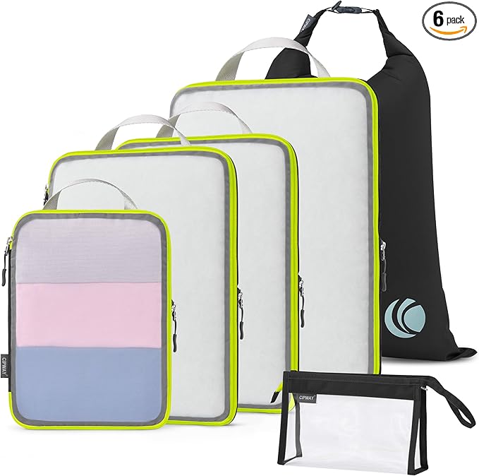 Cipway Compression Packing Cubes, See Through Mesh Luggage Organizer Bags, Travel Essentials for Carry on Suitcase with Laundry Bag and Clear Toiletries Bag（6Pcs,Black）