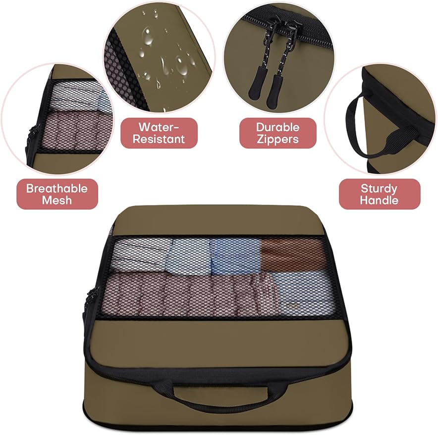 6 PCS Set Compression Packing Cubes for Travel, Lightweight Packing Organizer Bags Travel Essentials for Carry On, Suitcase,Home Closet - Brown