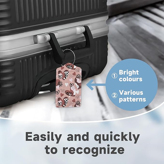 Set of 2 Luggage Tag for Suitcases LeatherAbstract Leopard Print Hearts Tags with Stainless Steel Loop Privacy Name ID Card Cover Travel Bag Labels Set for Women Men Kids Girls