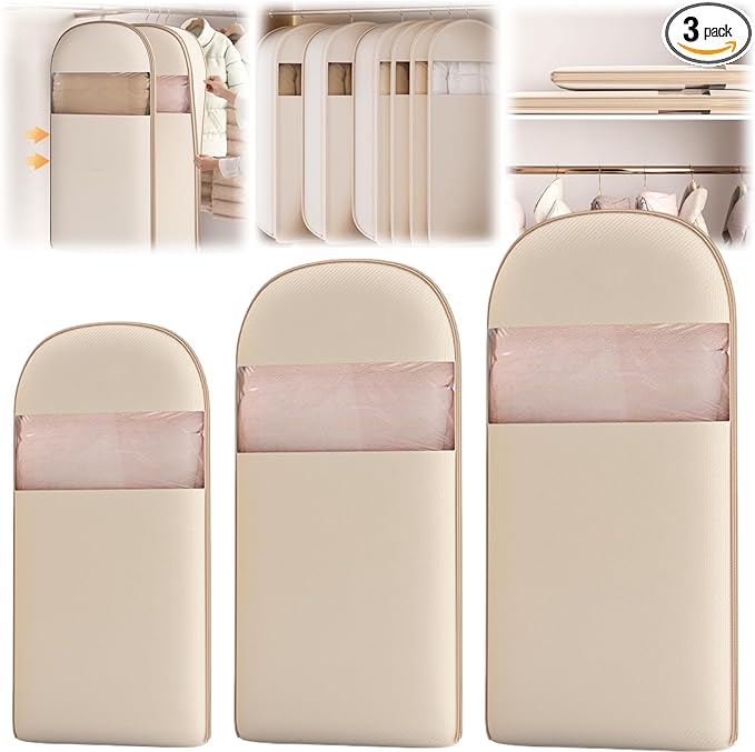 Space Saving Hanging Garment Bag With Self Compression Zipper,Garment Bags for Travel,Dust Cover for Coats Down Jackets, Closet Clothes Organizer with Clear Window (Beige, M+L+XL)