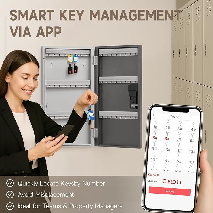 WeHere 48 Key Lock Box Wall Mount, APP Bluetooth/OTP/Wi-Fi/Fixed Code/Key Unlock, Smart Key Cabinet with Key Tag, Key Organizer Holder Box, Key Management Directory for Office, Valet, Realtor, Hotel