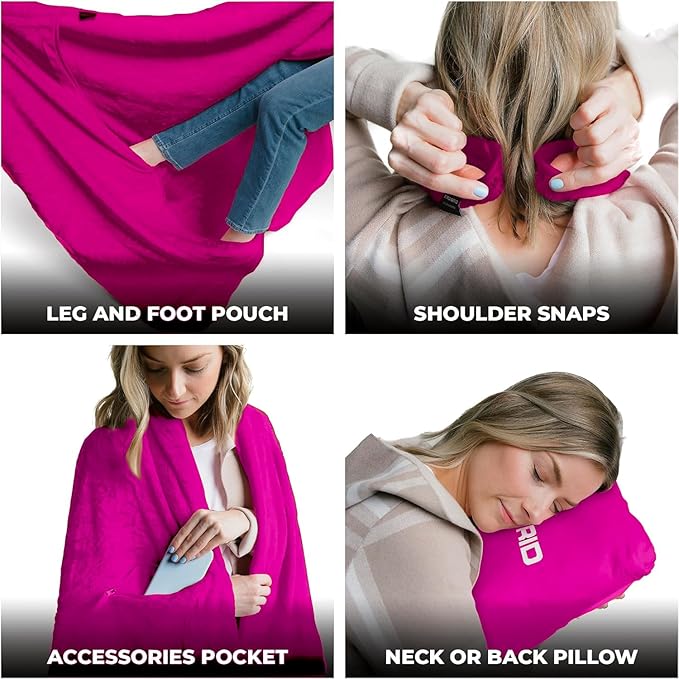 Lightweight Travel Blanket - Premium & Compact Airplane Wearable Blanket with Neck Snaps, Cozy Foot Pockets, Zipper Pouch - Converts into Soft Pillow - Designed for Ultimate Comfort - Hot Pink