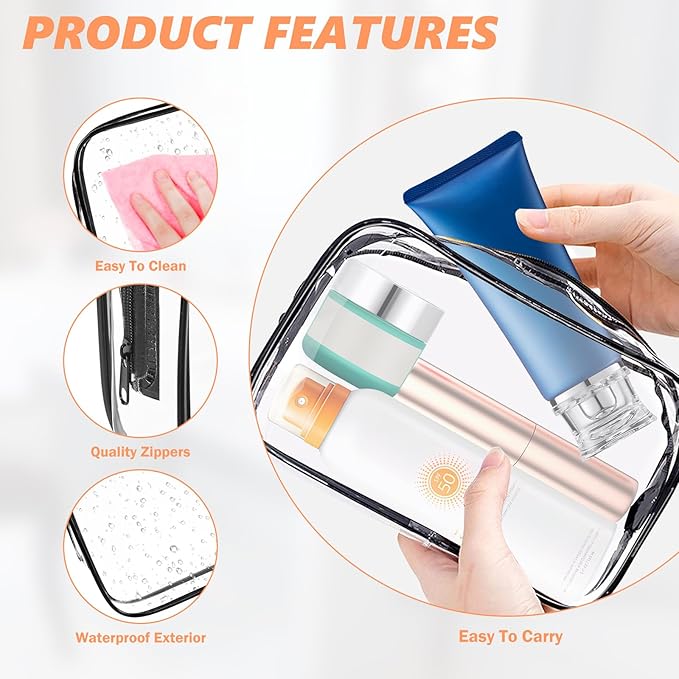 AURUZA 6 Pack Clear Toiletry Bag,Portable Travel Makeup Bags with Zipper, TSA Approved Clear Organizer Bags, PVC Cosmetic Pouch for Airport Airline Compliant (6 Packs Black)