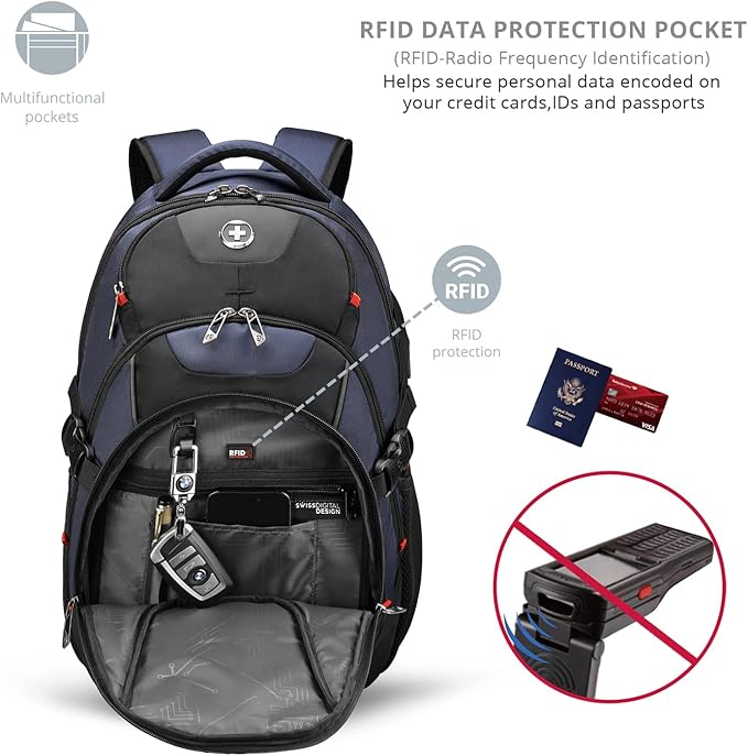Swissdigital Design Travel Backpack for Men with Apple Find My, Laptop Backpack with USB Charging Port, RFID Protection, Add-A-Bag System - Travel Backpack for Men