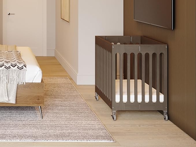 Foundations Boutique Folding Mini Baby Crib - Compact, Portable, Wooden Hotel Crib, Foldable Mini Crib for Baby & Toddlers - Includes 3" Foam Mattress, Dapper Gray