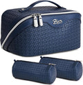 BOYATU Travel Makeup Bags for Women: Large Cosmetic Bag - 3 Set Make up Bags with Compartments - Vegan Leather Makeup Organizer Wide Open Portable Pouch (L20 Blue)