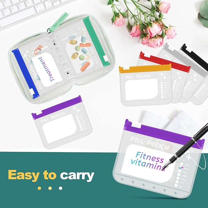 A7-L Water-Proof Pill Pouch Set， Large Pill Organizer, BPA Free, A7-L Pill Loose-Leaf Storage with Color-Coded Medicine Pouches, Reusable Travel Medicine Organizer， Zippered Pill Organizers Weekly