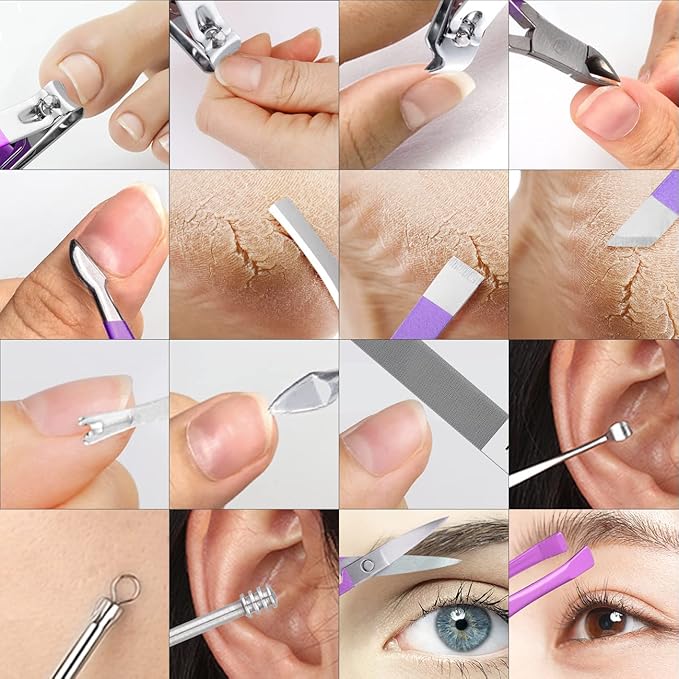 Manicure Set Professional Nail Clippers Pedicure Kit, 16 pcs Stainless Steel Nail Care Tools Grooming Kit with Luxurious Travel Leather Case for Thick Nails Men Women Gift (Violet)