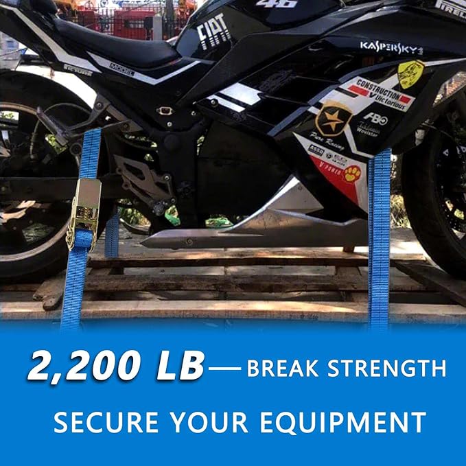 Ratchet Straps (4-Pack), 1 Inch x 16.4 Feet (2200lb Break Strength) with Sturdy Metal Hooks, 1x Work Gloves, Heavy Duty Tie Down Straps for Truck, Cargo Trailer, Motorcycle, Luggage, Moving (Blue)