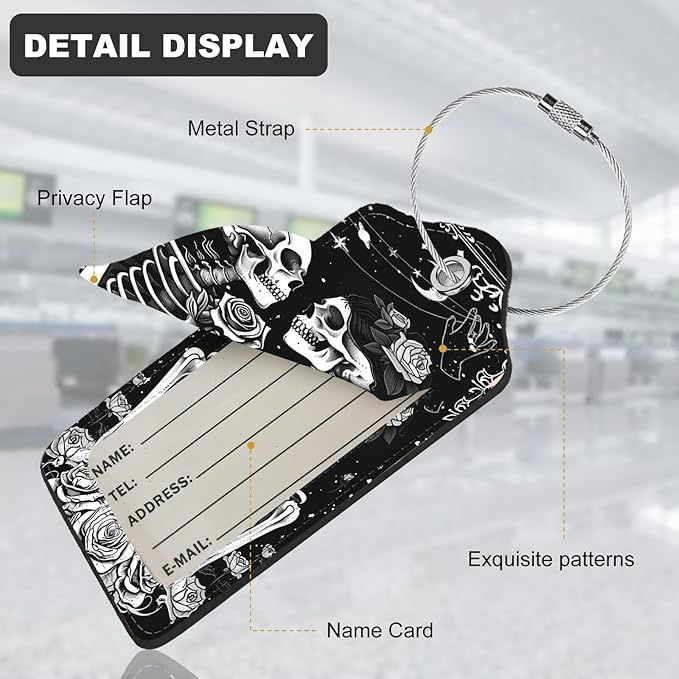 2Pack Luggage Tags for Suitcases, Cute Unique Pu Leather Cruise Luggage Tag with Privacy Cover ID Label Address Card and Metal Ring Suitable for Women Men Kids Travel Bag Skeletons and Flowers