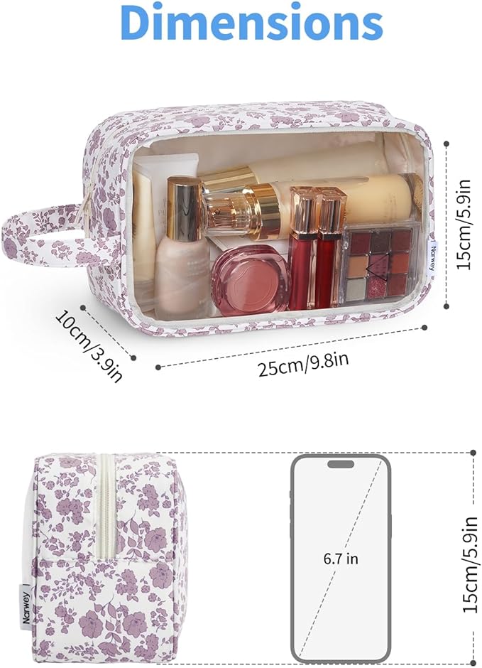 Narwey Clear Toiletry Bags for Traveling Women Men, Clear Travel Bags for Toiletries Makeup Bag Cosmetic Bag with Zipper, Make Up Organizer, Skincare Bag (Little Dusty Pink Flower)