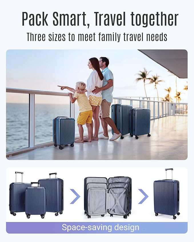 LIGHT FLIGHT Luggage Sets, Durable Hard Shell 3 Piece Set Suitcase with Spinner Wheels, Hardside Lightweight Luggage set with TSA Lock, Large Travel Luggage Set (20" 24" 28"), Navy Blue