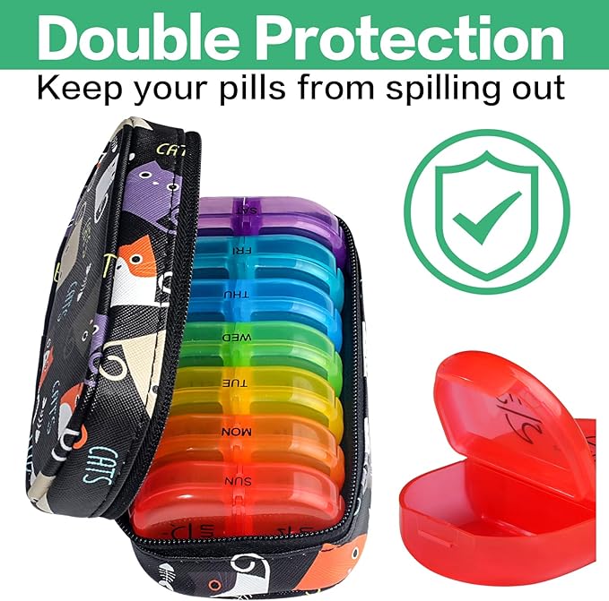 Serfeymi Weekly Travel Pill Organizer 2 Times A Day AM PM Upgraded Rainbow Pill Box 7 Day with Portable Zipper PU Leather Pill Case, Medicine Organizer for Pills, Vitamins, Fish Oils - Black 02