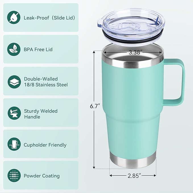 HASLE OUTFITTERS 20oz Tumbler Bulk with Lid, Stainless Steel Tumbler Bulk with Handle, Metal Insulated Travel Coffee Mug Set with Handle, Double Wall Vacuum Leak Proof Tumbler Cup, Mint Green 6 Pack