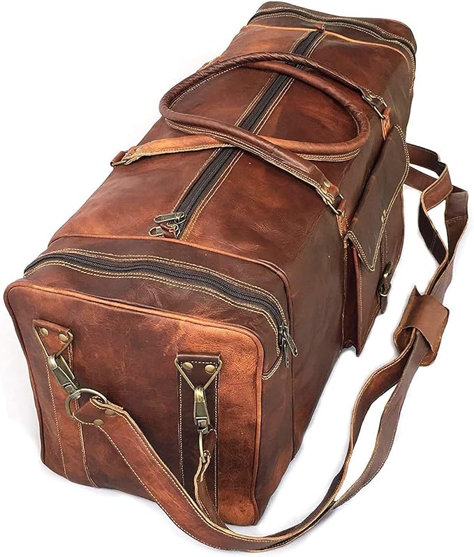 KK's Vintage Leather Duffel Bag, Handcrafted, Stylish & Durable, Ideal for Gym, Travel, Genuine Leather Travel Bag, Brass Rivets & Zippers Size 28"(L),12"(D), 11"(H) Inch
